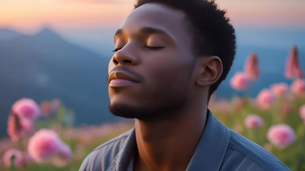 Transformação Espiritual: A Verdade Nua e Crua 3 Pessoa com expressão de paz e contentamento em paisagem natural, simbolizando as recompensas da transformação espiritual.