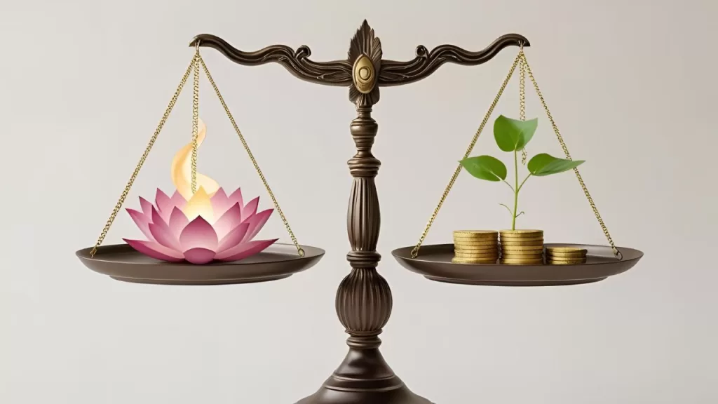 Mentalidade de Abundância: Cultive uma Alma Rica e Próspera 3 Balança com símbolo espiritual e moedas equilibradas, ilustrando o equilíbrio na mentalidade de abundância.