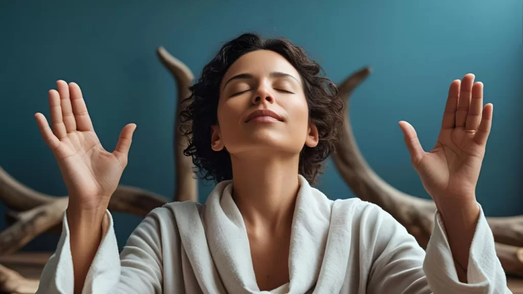 Silenciar para Curar: Como Restaurar Sua Saúde com Descanso e Meditação 2 Pessoa em estado de quietude com olhos fechados, representando o poder do silêncio para o bem-estar mental e para restaurar sua saúde.
