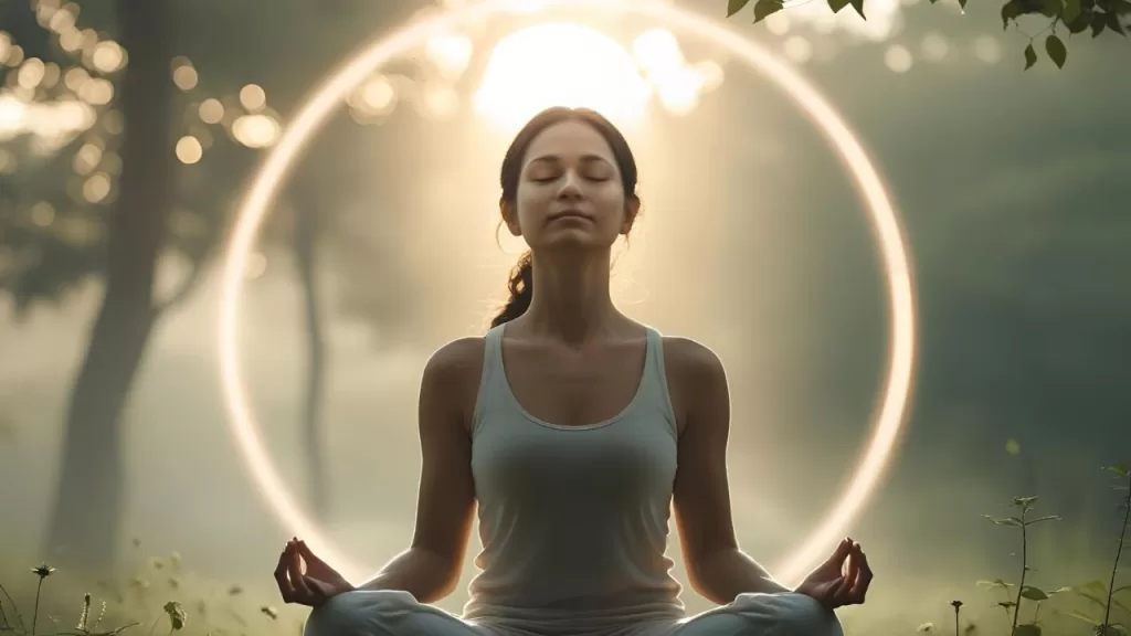 Pessoa meditando ao entardecer, conectando-se com a energia do Plano Espiritual em um momento de paz e introspecção.