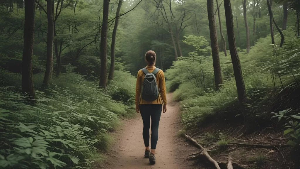 Autocuidado Espiritual: Guia Completo para Bem-Estar Interior 2 Pessoa caminhando em floresta, exemplo de prática de autocuidado espiritual através da conexão com a natureza.