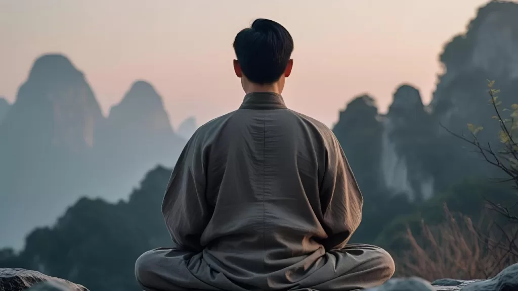 Transformação Espiritual: A Verdade Nua e Crua 2 Pessoa em meditação profunda em ambiente natural, representando o confronto com as sombras necessário para a transformação espiritual.