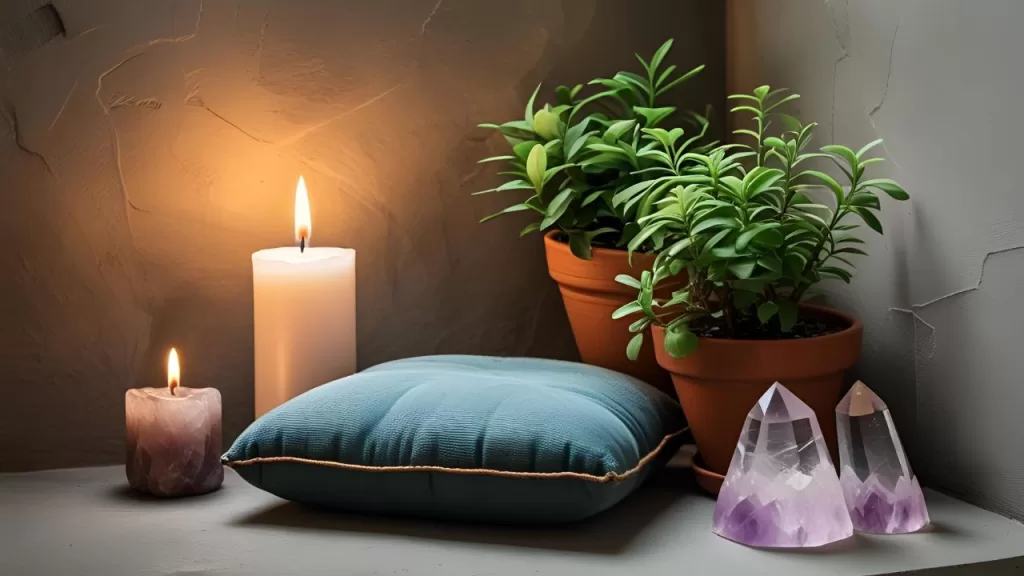 Elevação Espiritual: Crie Seu Ritual Diário Transformador 3 Espaço sagrado pessoal para meditação e ritual de elevação espiritual.
