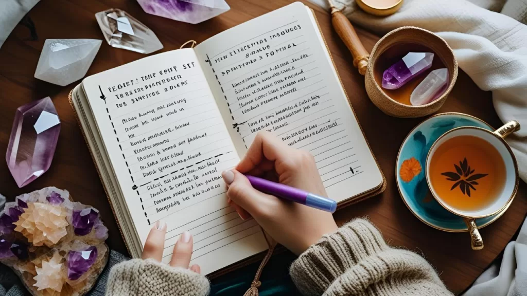 Pessoa escrevendo em um diário para definir intenções de seu ritual de elevação espiritual.