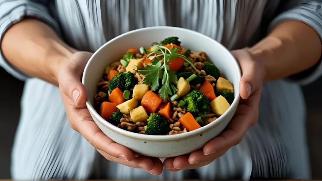 Alimentação Consciente: Nutre Corpo, Alma e Energia Espiritual 2 Mãos segurando uma tigela com alimentos, focando na experiência tátil e visual da Alimentação Consciente.