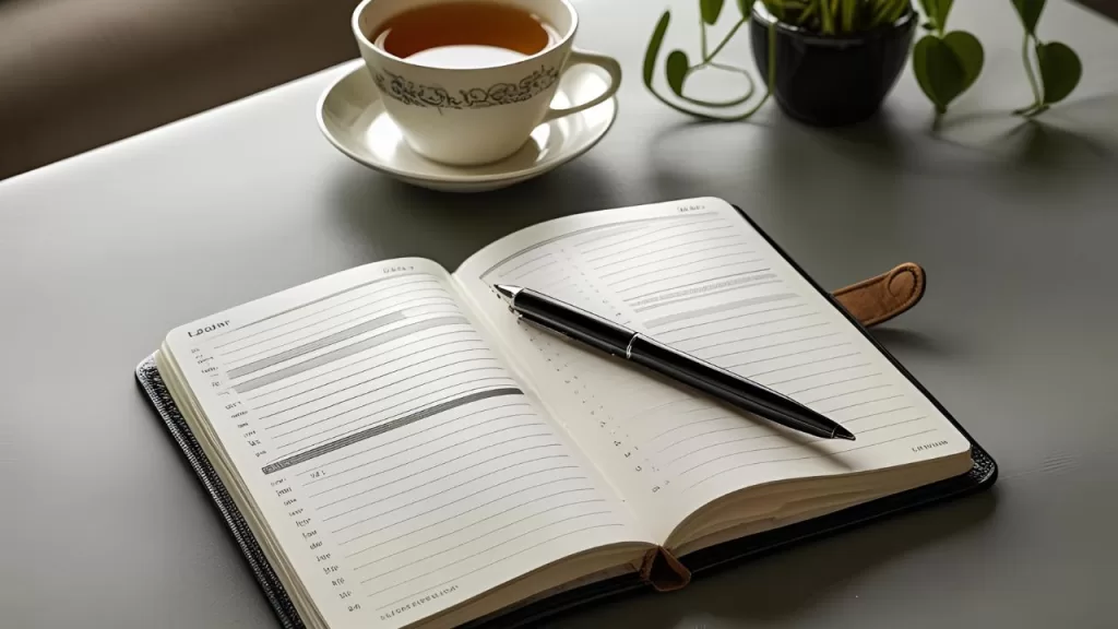 Autocuidado Espiritual: Guia Completo para Bem-Estar Interior 3 Caderno e caneta para escrita reflexiva, uma forma de autocuidado espiritual.