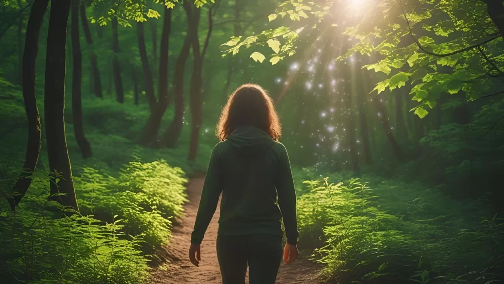 Pessoa caminhando em uma floresta exuberante com raios de sol filtrando pelas árvores.