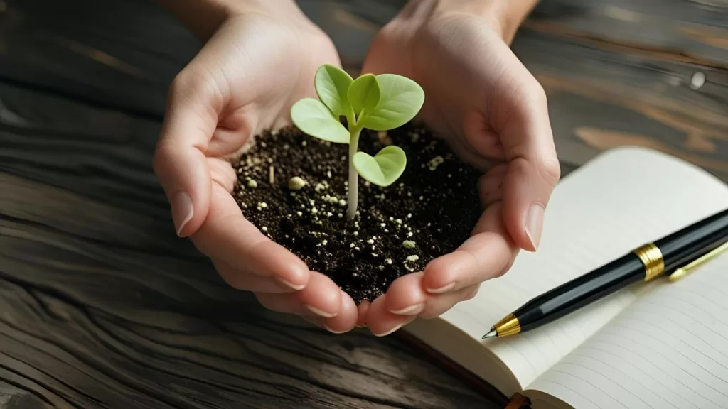 Mentalidade de Abundância: Cultive uma Alma Rica e Próspera 2 Mãos segurando broto de planta, simbolizando o cultivo da gratidão e da mentalidade de abundância.