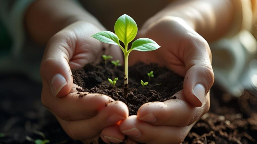 Espiritualidade: A Busca Interior Além das Religiões 2 Mãos nutrindo um broto de planta, metáfora para o desenvolvimento da Espiritualidade pessoal.