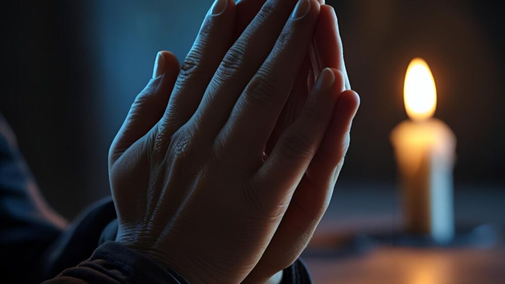 Prática Espiritual: Meditar, Orar ou Contemplar? Guia Completo 3 Mãos em prece, simbolizando a fé e a conexão com o divino através da oração como prática espiritual.