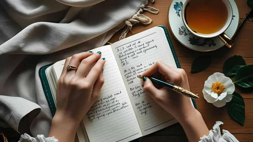 Mulher Escrevendo Afirmações Positivas em um Caderno