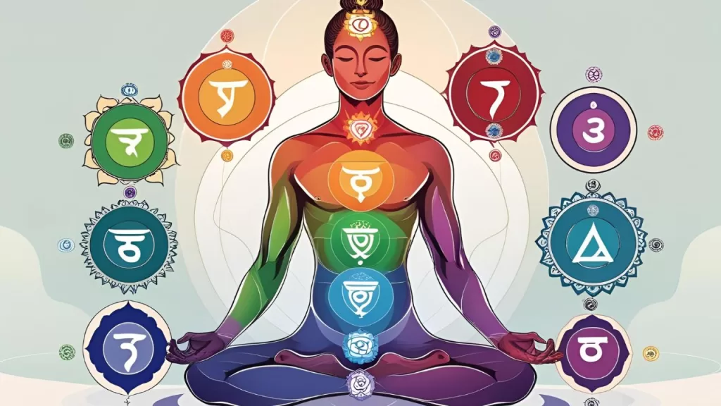Equilíbrio Energético: Alinhe Chakras, Renove Sua Vitalidade 2 Diagrama dos sete chakras e suas cores no corpo humano, essencial para o equilíbrio energético.