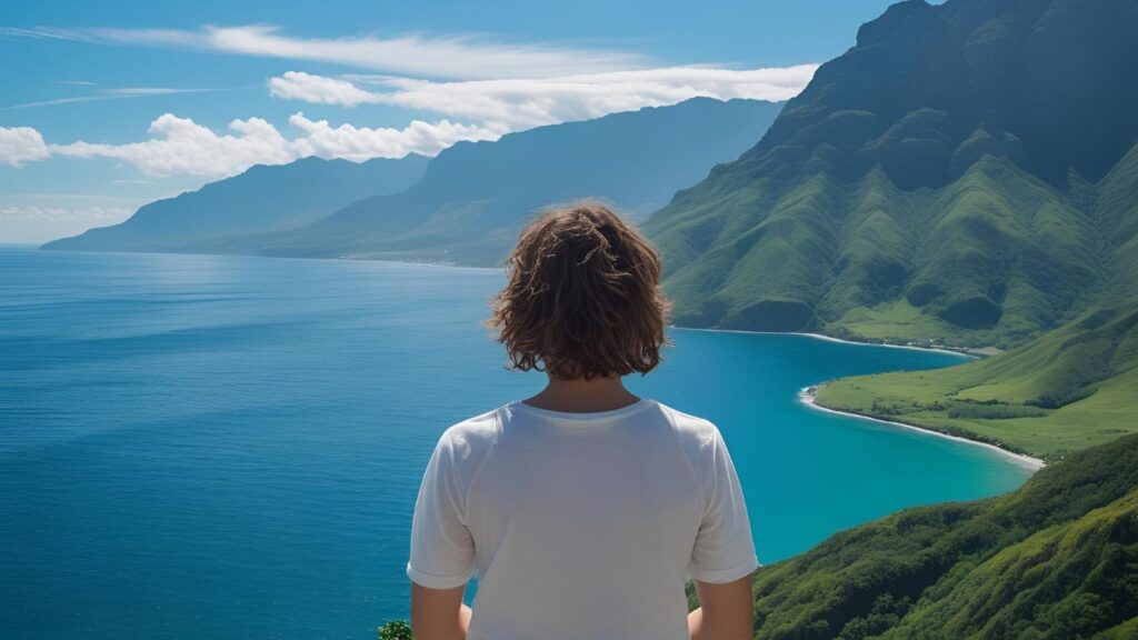 Autoconhecimento na Prática: Ouça Sua Alma no Caos 3 Indivíduo em estado contemplativo olhando para uma paisagem, representando a imersão na prática espiritual da contemplação.