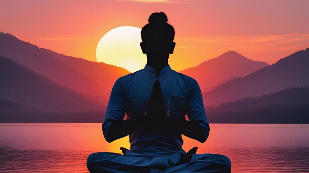 Prática Espiritual: Meditar, Orar ou Contemplar? Guia Completo 2 Silhueta de pessoa meditando/orando ao nascer do sol, representando a busca por uma prática espiritual e conexão interior.