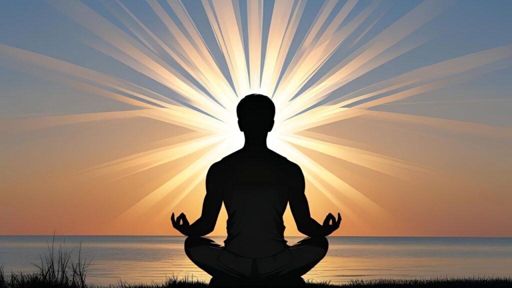 Pessoa praticando meditação ao amanhecer, um ato de Espiritualidade e autoconhecimento.
