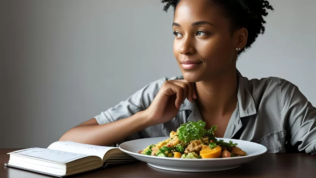 Alimentação Consciente: Nutre Corpo, Alma e Energia Espiritual 3 Pessoa refletindo sobre suas emoções antes de comer, como parte da prática de Alimentação Consciente.