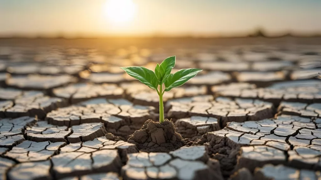 Transformação Pessoal: Inicie Sua Jornada Interior Agora 3 Broto de planta crescendo em solo rachado, representando resiliência na transformação pessoal.