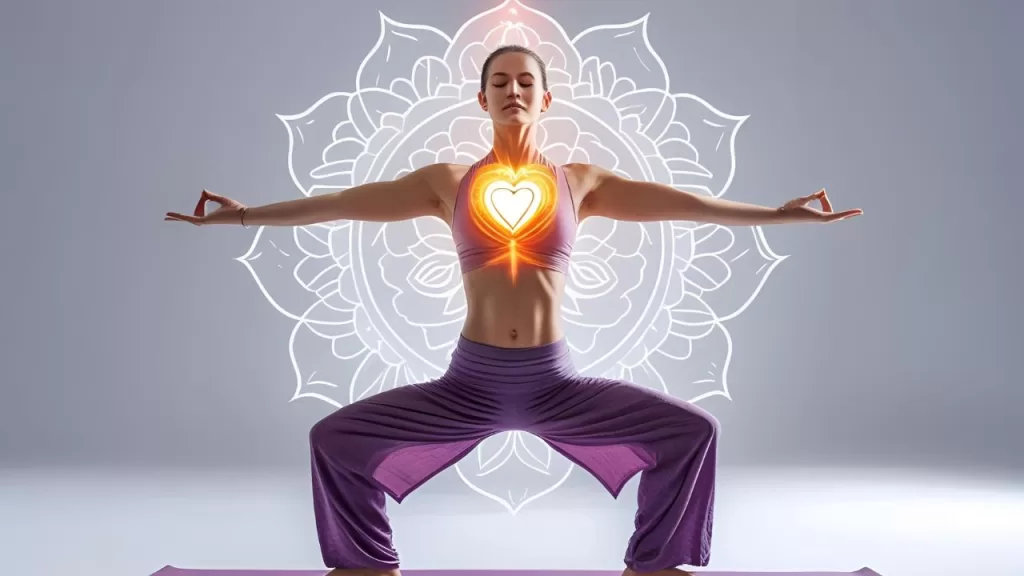 Equilíbrio Energético: Alinhe Chakras, Renove Sua Vitalidade 3 rática de yoga para equilíbrio energético, focando no chakra cardíaco.