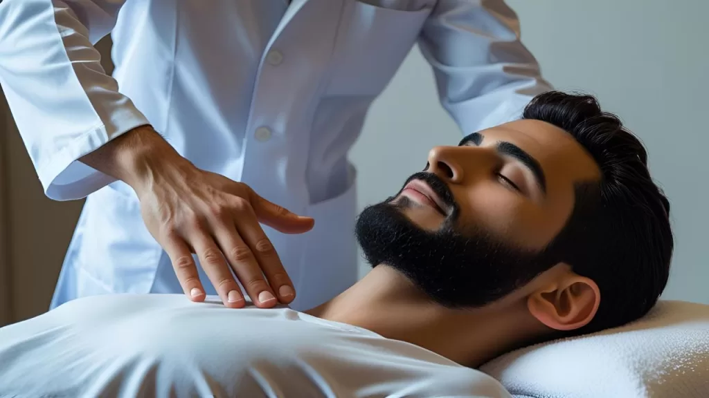  Mãos de um terapeuta suavemente posicionadas sobre os ombros de uma pessoa deitada, transmitindo uma sensação de calma e energia.