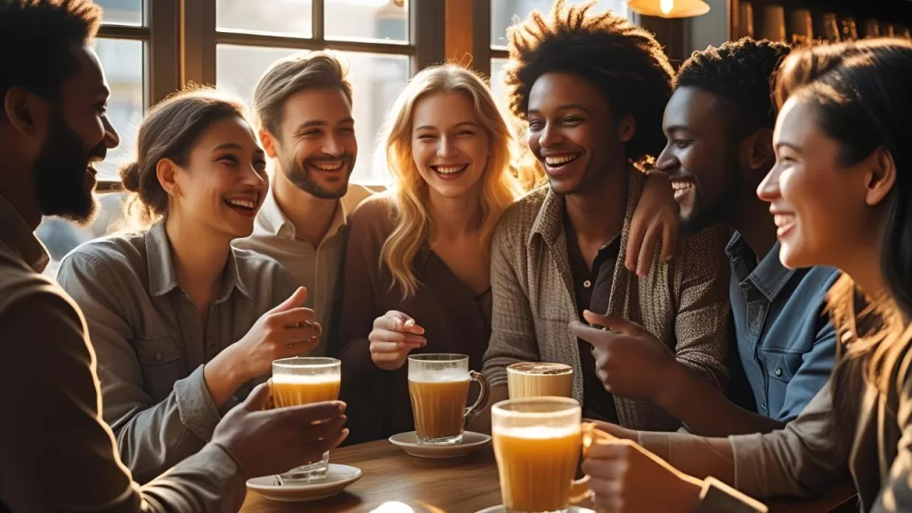 Os 4 Pilares da Abundância: A Riqueza Além do Dinheiro e Suas Chaves 3 Grupo de pessoas diversas conectadas e felizes, ilustrando a importância da riqueza relacional para os Pilares da Abundância.
