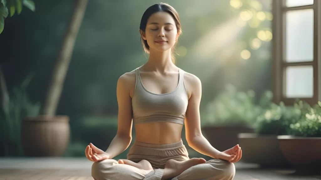 Os 4 Pilares da Abundância: A Riqueza Além do Dinheiro e Suas Chaves 2 Pessoa meditando tranquilamente, representando o cultivo da riqueza emocional e o equilíbrio interior, um dos Pilares da Abundância.