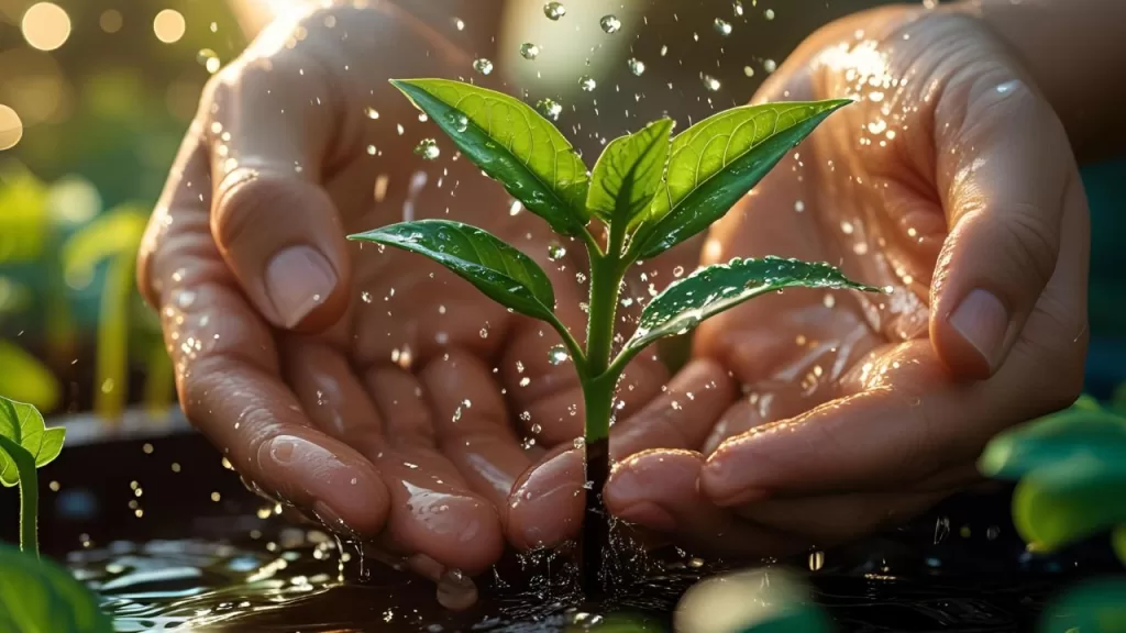 Crenças Limitantes: 5 Padrões que Bloqueiam Sua Prosperidade 3 Mãos regando uma planta jovem e viçosa, representando o cultivo de novas crenças positivas para alcançar a prosperidade e superar padrões inconscientes.